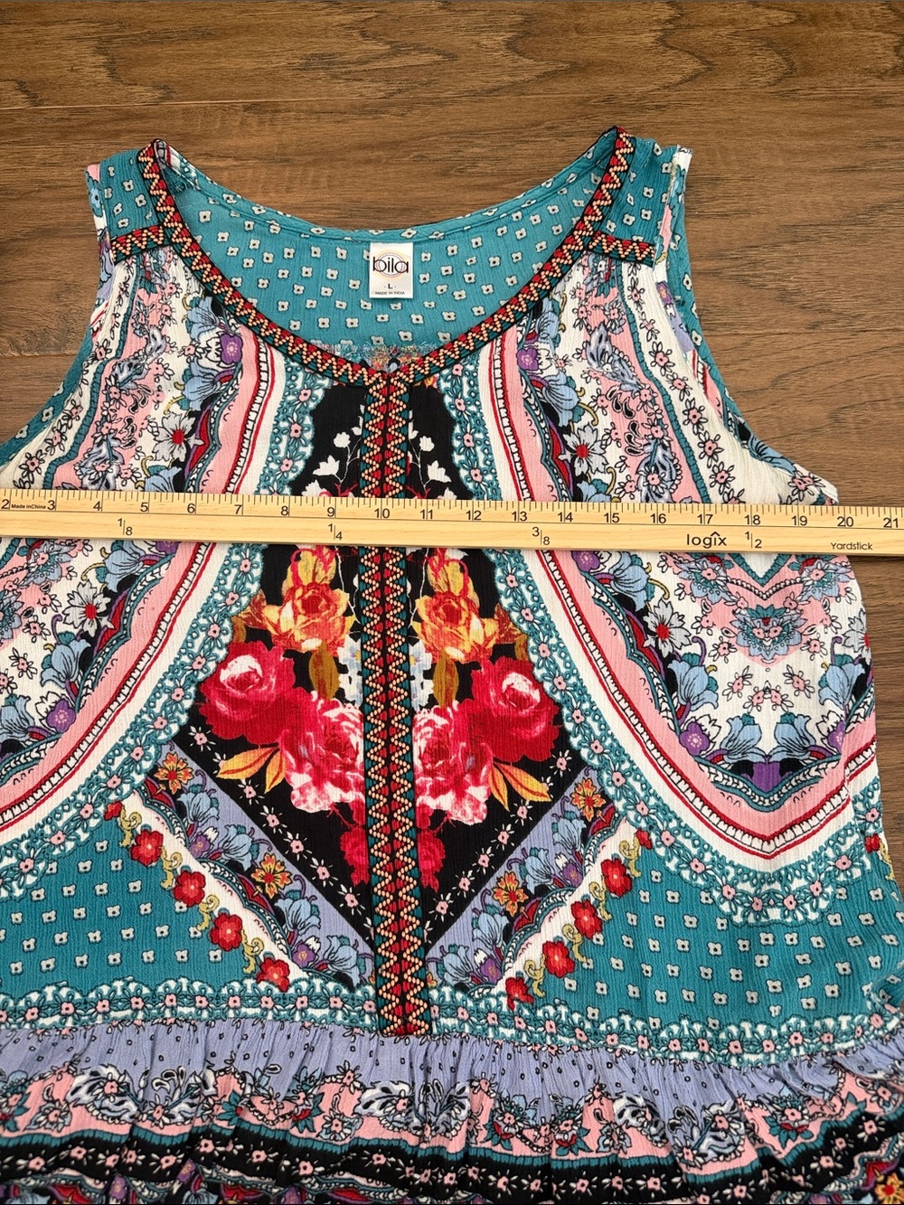 Bila Boho Floral Print Sleeveless Top in Teal with Ruffle Bottom SZ L - Picture 4 of 7